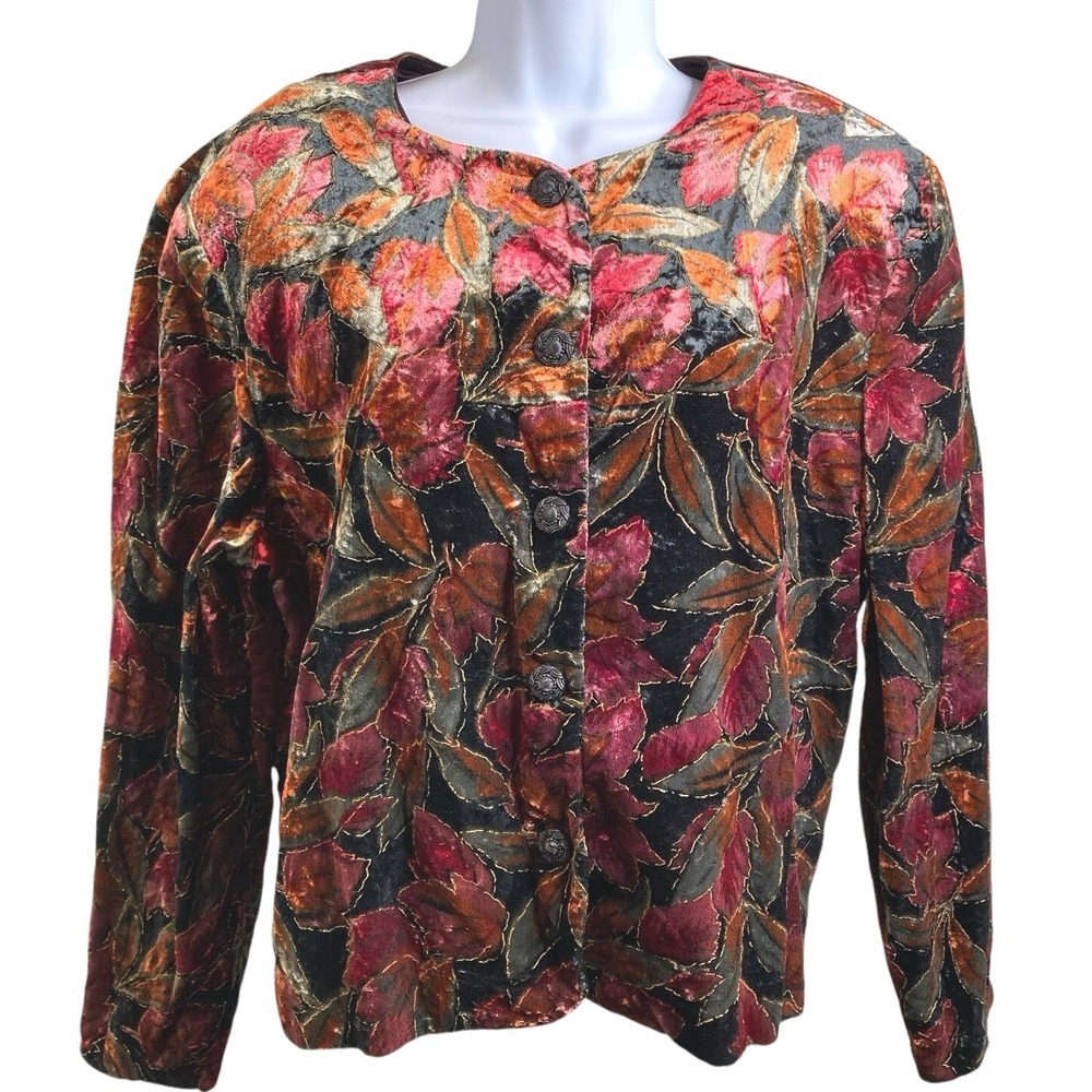 VTG MAGGIE MCNAUGHTON Womens Multicolor Floral Velvet Jacket 18W Metallic Artsy